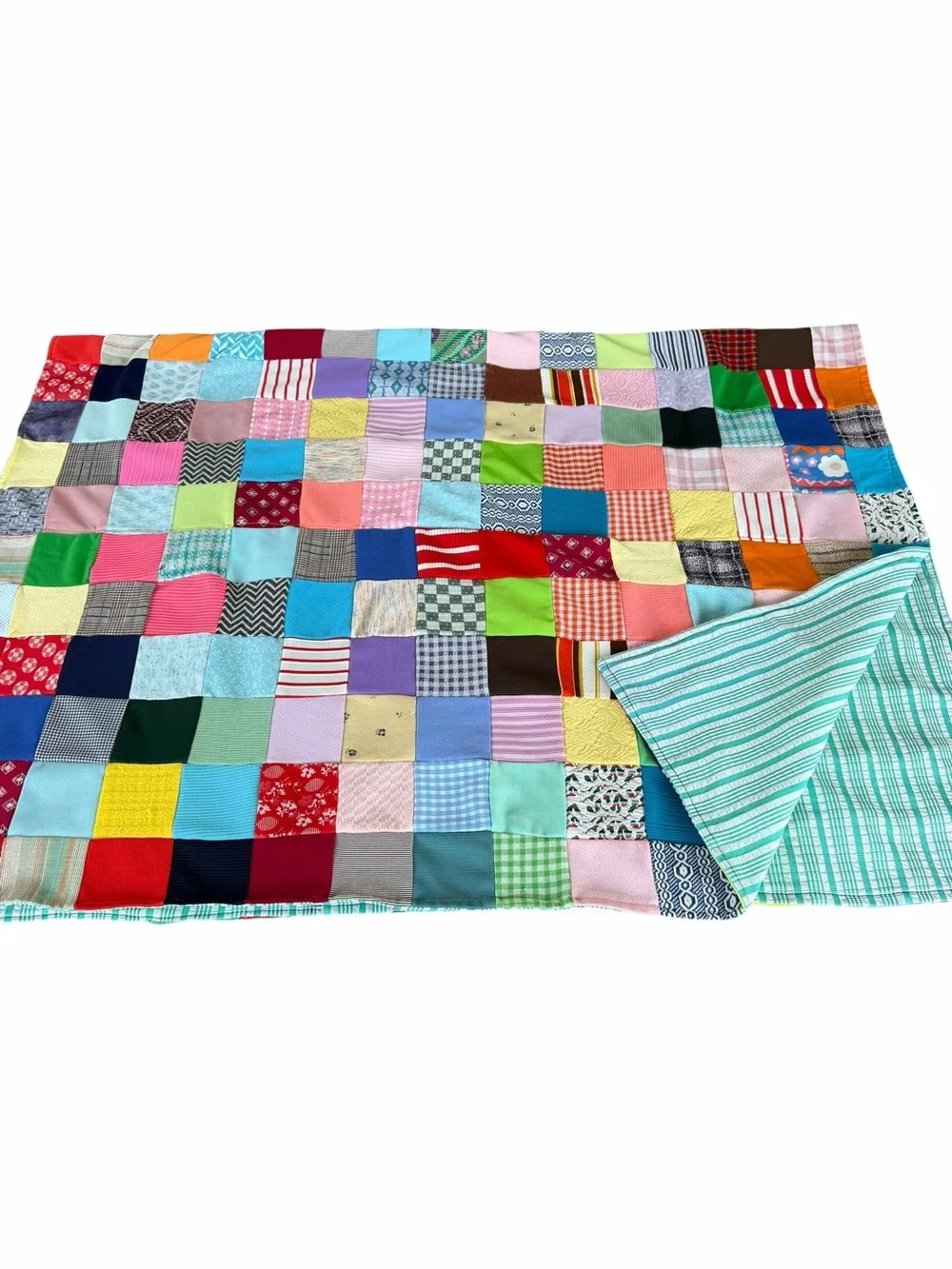 Vintage Double Knit Polyester Patchwork Scrap Quilt Bright Colorful 45x66
